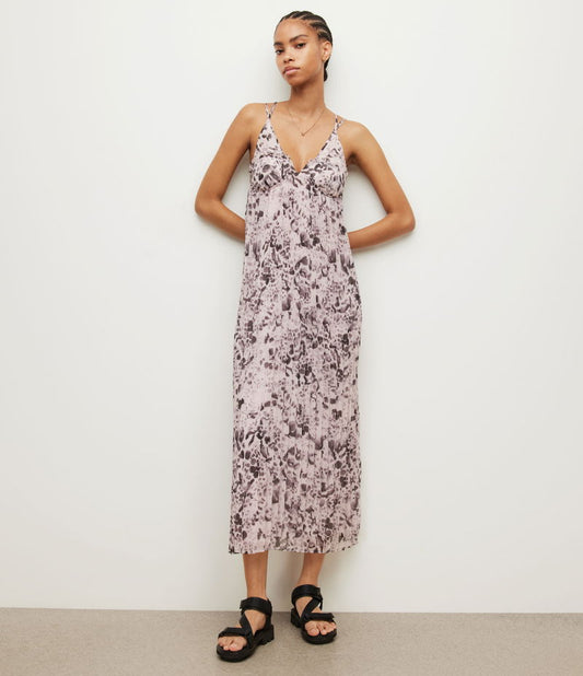 All Saints Nouval Waktu animal print pleated maxi dress, light pink with dark gray pattern, size 4.