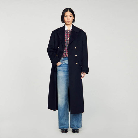 Brand New Sandro Betina Navy Wool Double Breasted Coat Size 10
