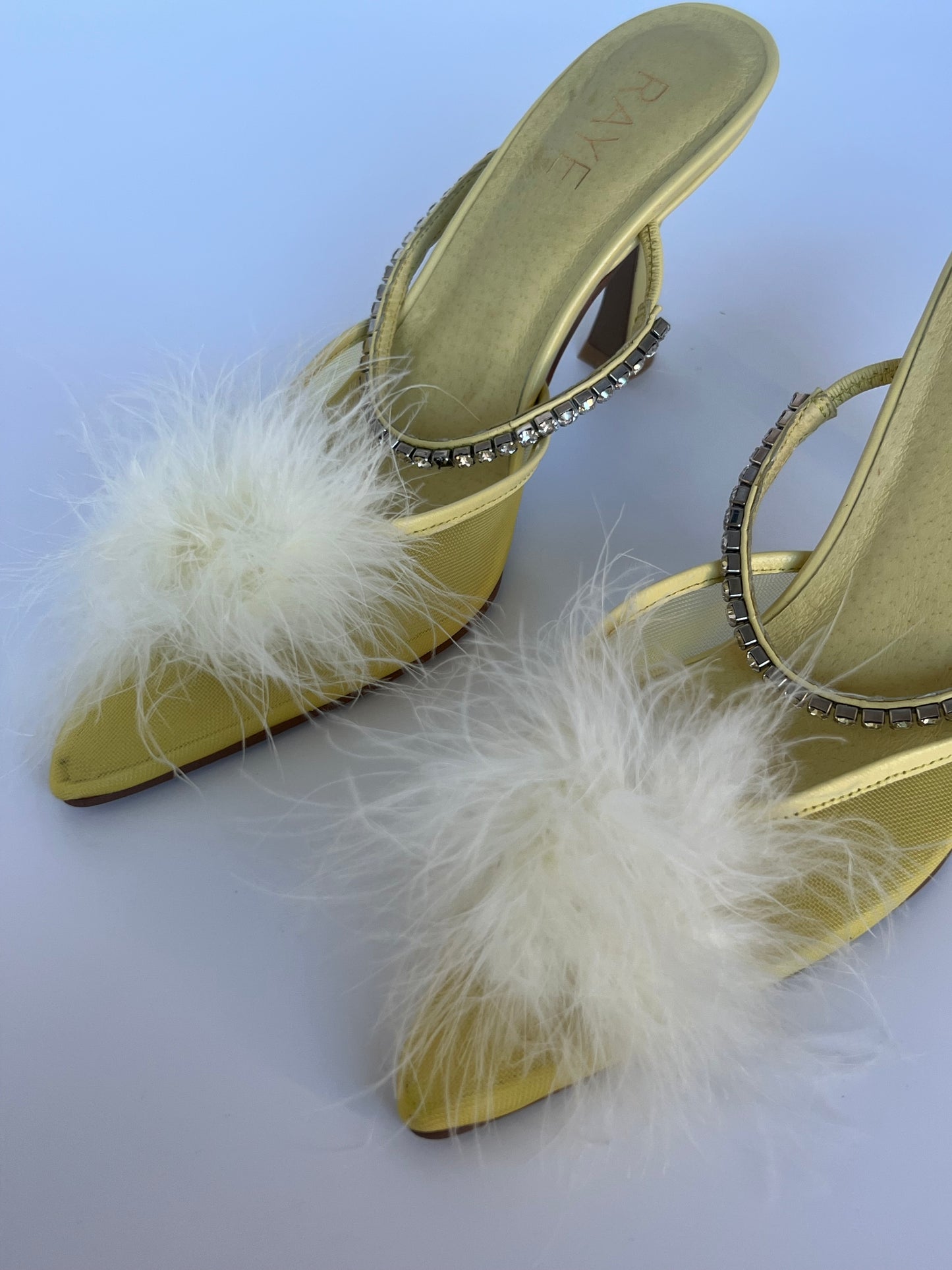New Raye The Label Yellow Pom Pom Feather Mesh Mule Size 6.5
