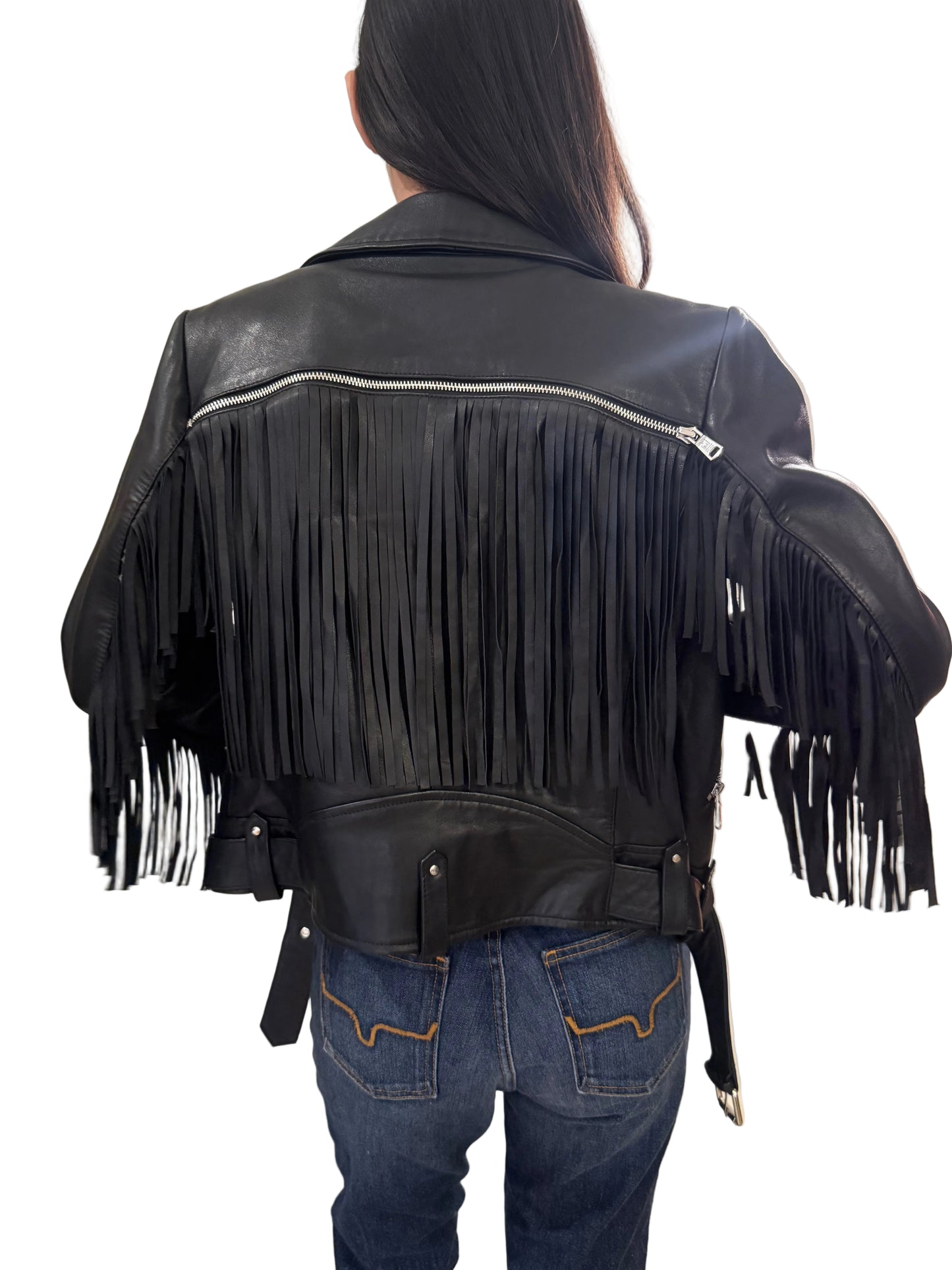 Malika Kate Black Moto Fringe Leather Jacket Size S