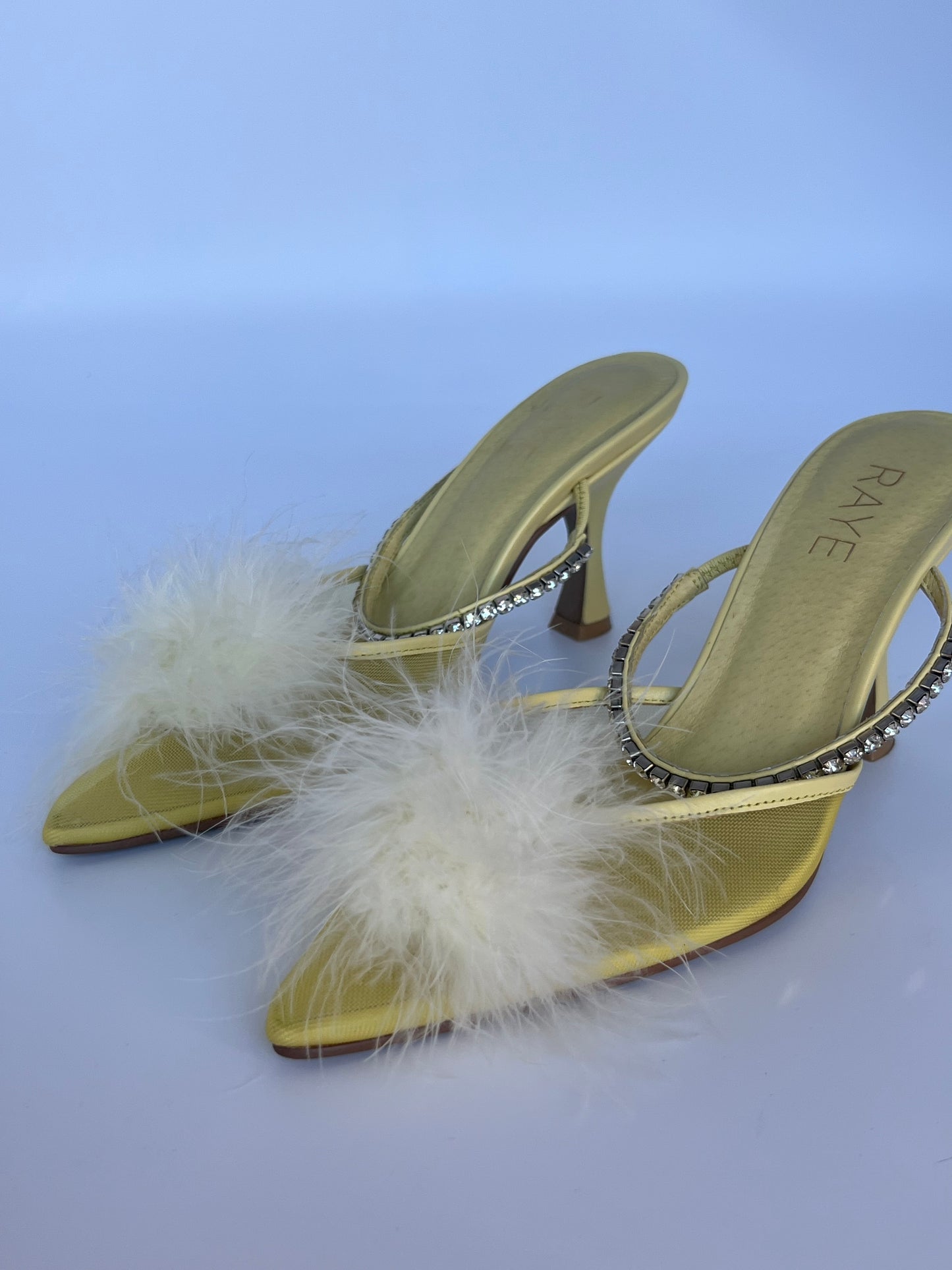 New Raye The Label Yellow Pom Pom Feather Mesh Mule Size 6.5