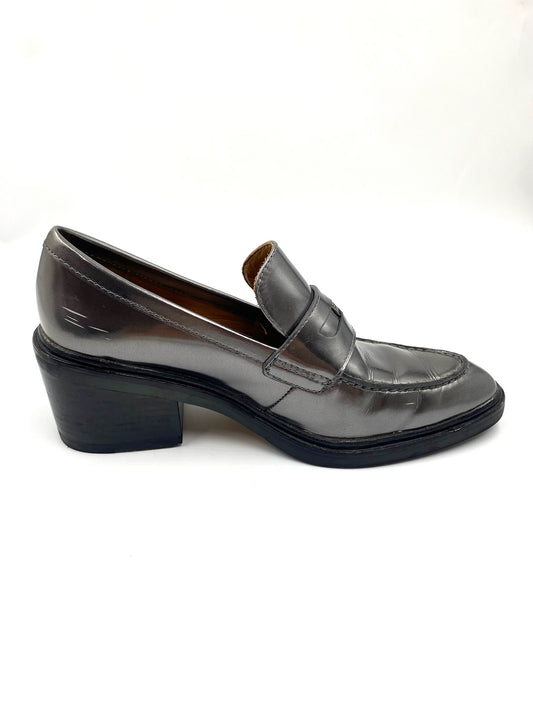 Coach Grey Metallic Loafers, size 8, with classic penny loafer design and block heel.