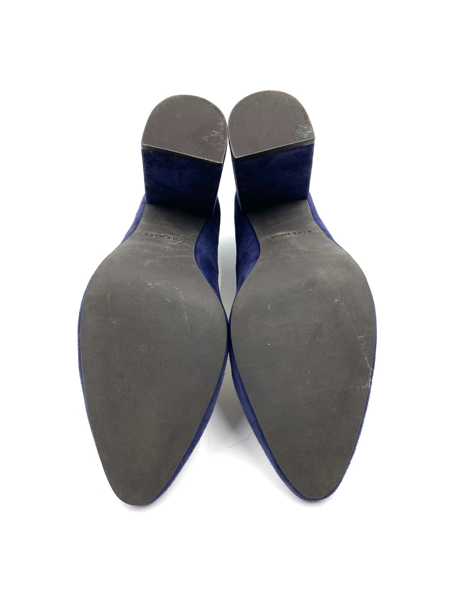 Cole Haan blue suede block heel pumps, size 7B, showing the soles and 3.5” block heels.