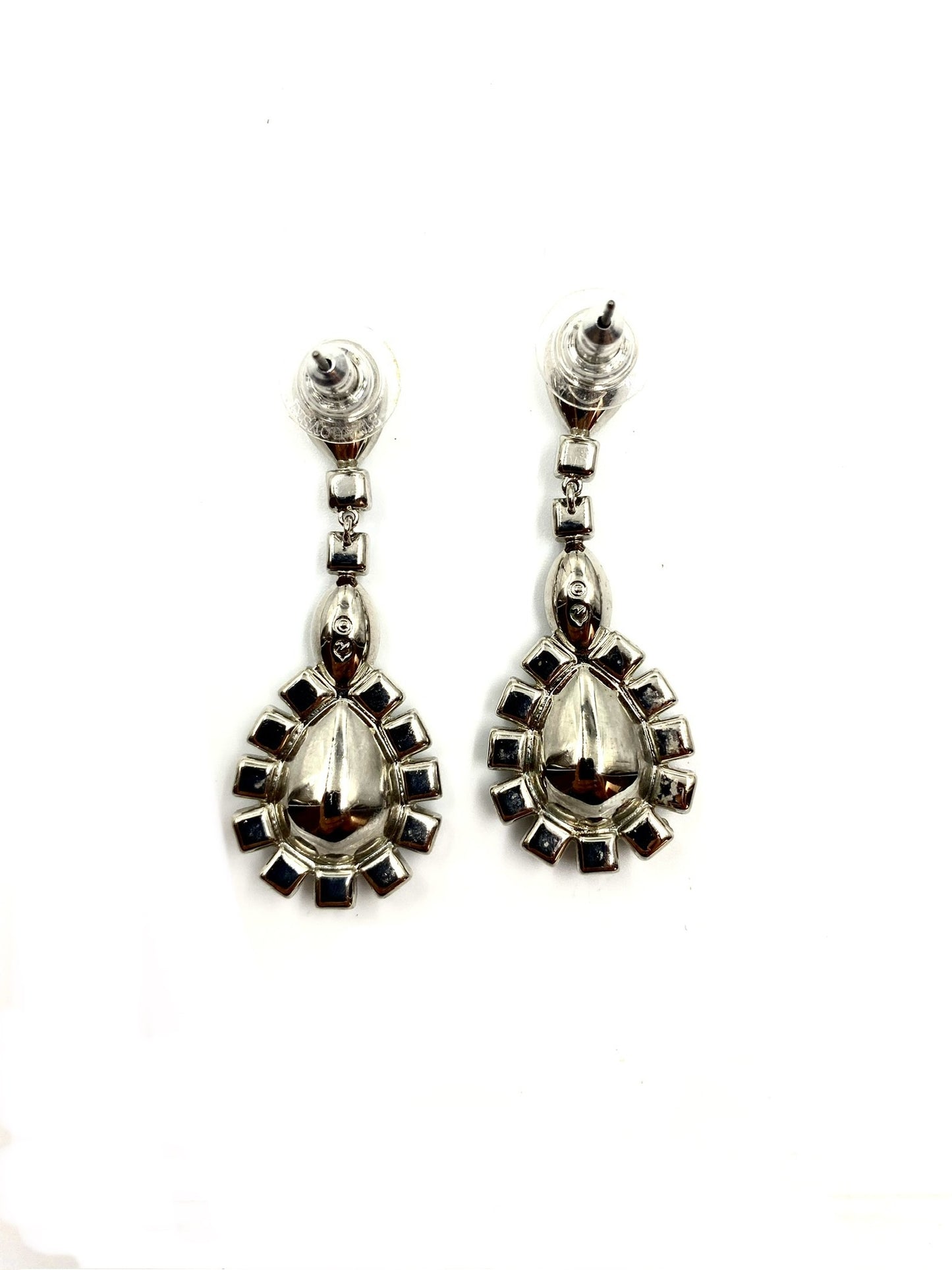 Silver-toned drop earrings with pear-shaped onyx stones surrounded by cubic zirconia accents.