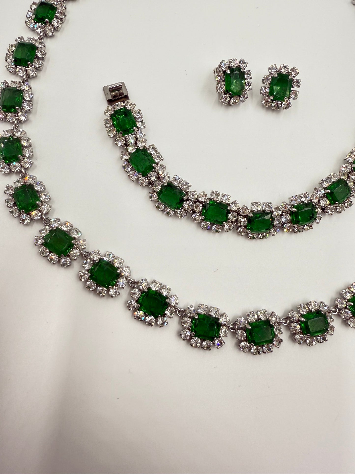 Rare Vintage 1973 Christian Dior Emerald Green & Glass Stone Necklace, Bracelet & Earring Set ( Collectible Piece)