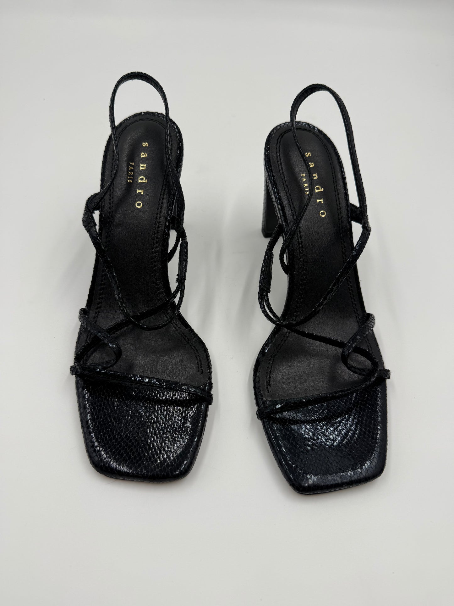 Sandro Black Leather Embossed Strappy Heels Size 38