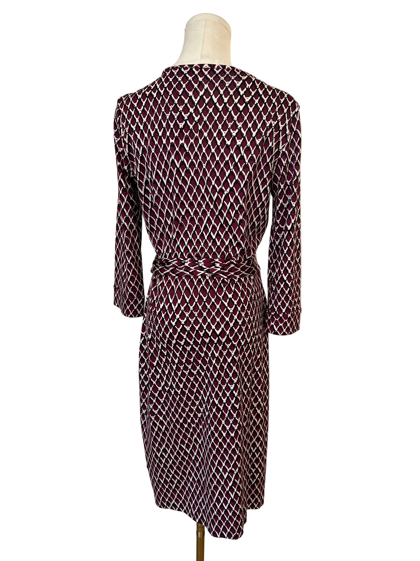 DVF Burgundy Print Silk Jersey Wrap Dress Size 10