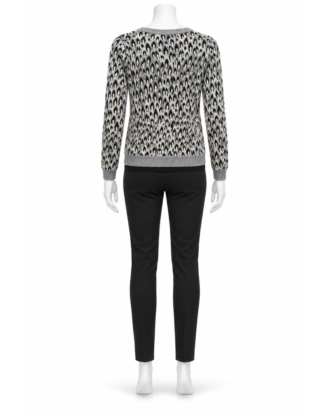 Diane Von Furstenberg metallic grey leopard print wool-blend knit sweater, size S, shown from the back on a mannequin.
