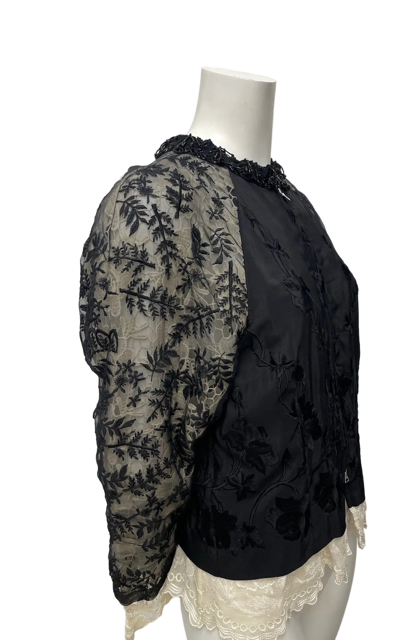 Dries Van Noten Black Lace Sheer Beaded Bomber Jacket Size 44