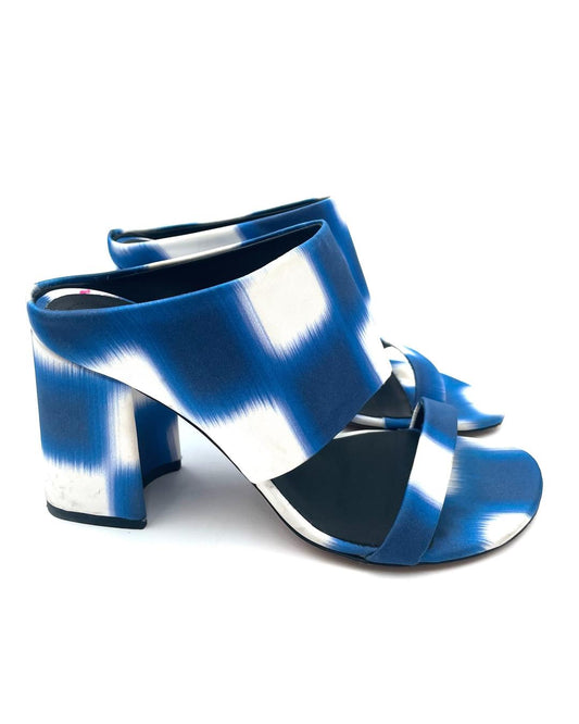 Dries Van Noten Blue & White Satin Print Mule Sandals Size 38