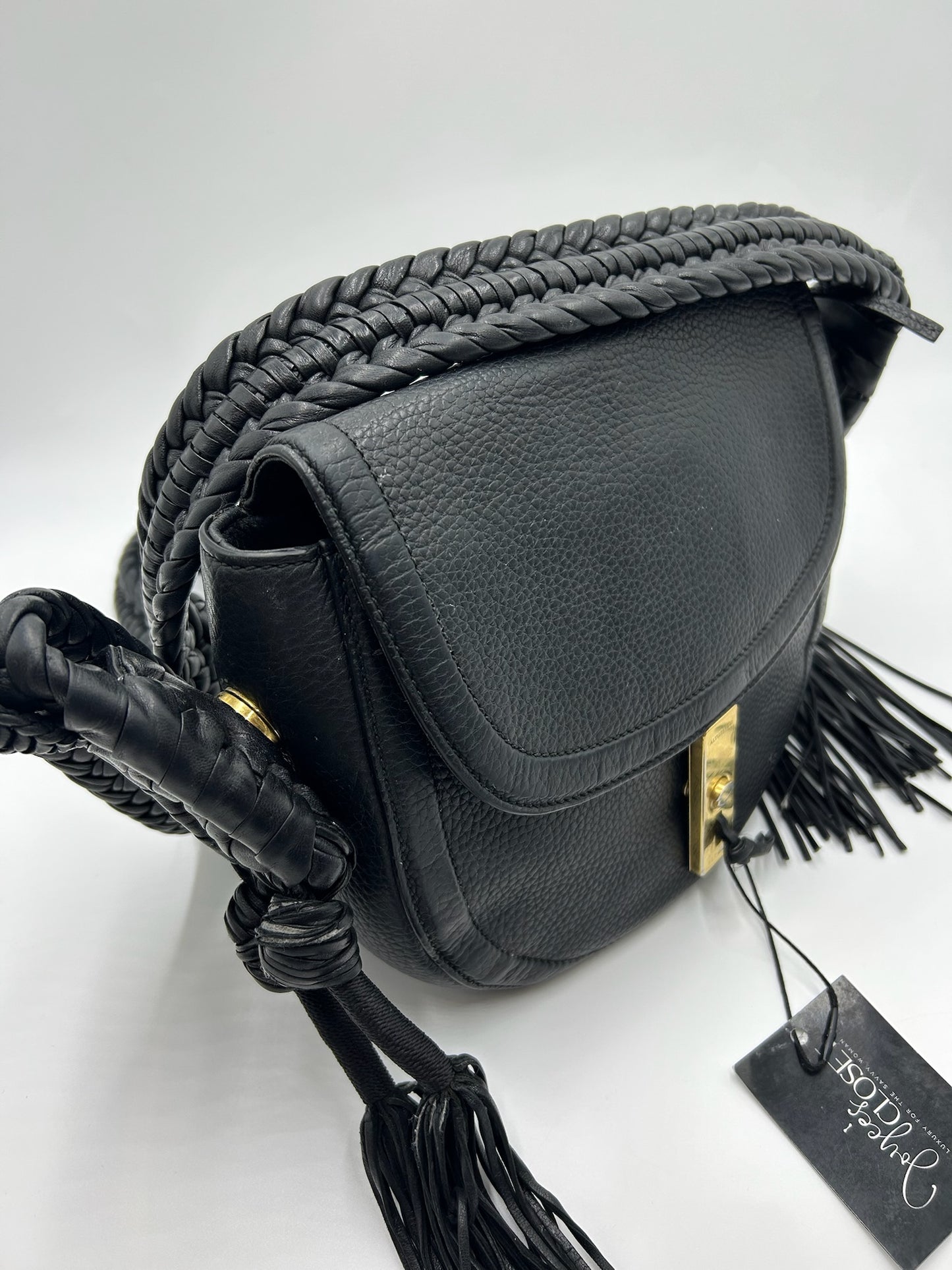 Altuzarra Black Boho Leather Fringe Braided Strap Bag