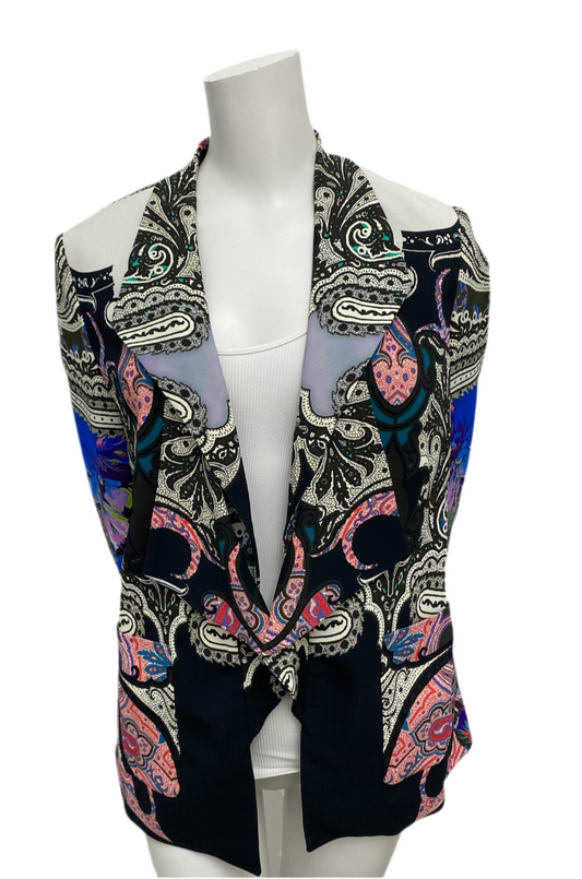 Etro multi-color paisley print silk blazer, size 46, with lapels and two front pockets.