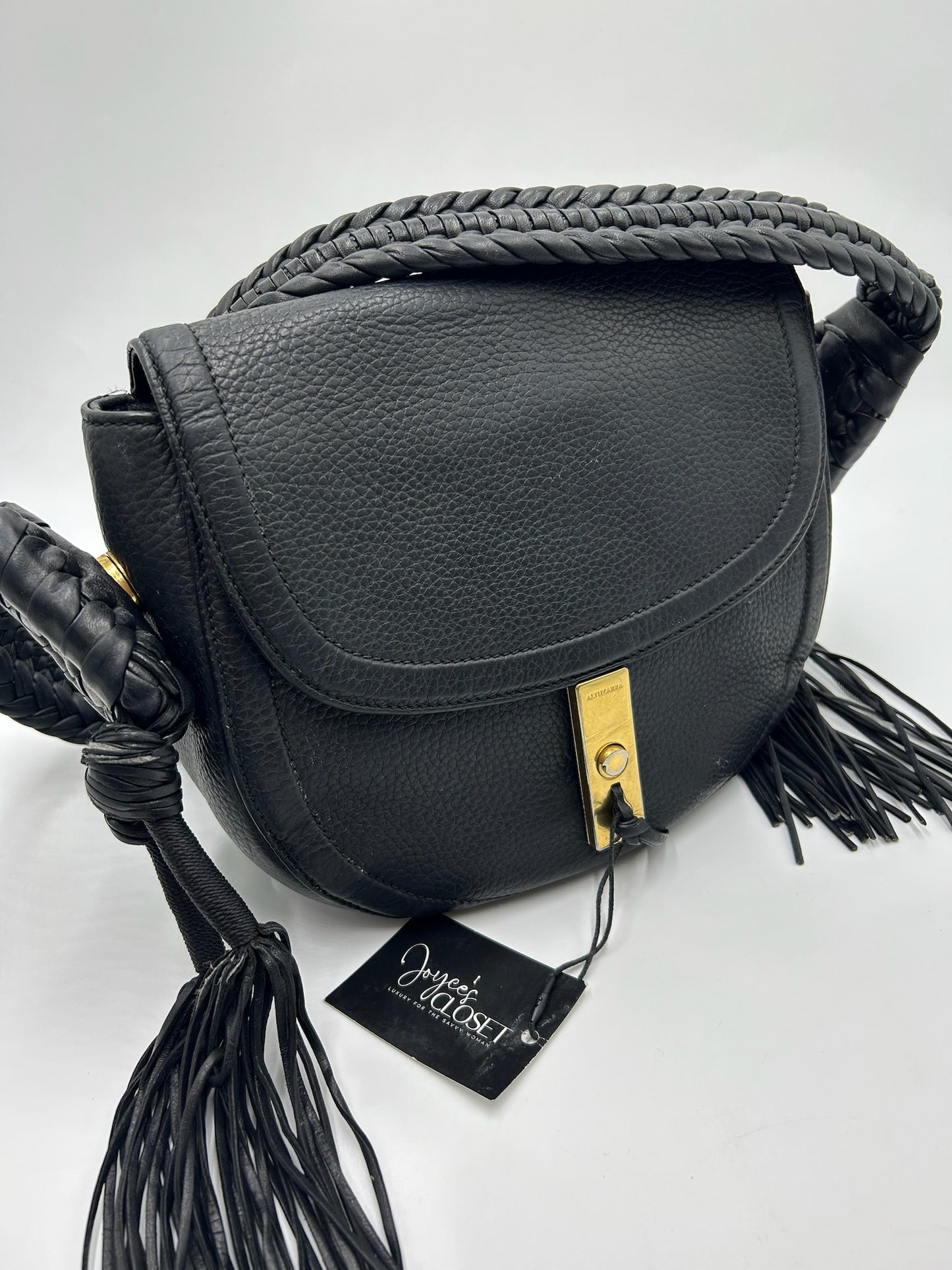 Altuzarra Black Boho Leather Fringe Braided Strap Bag