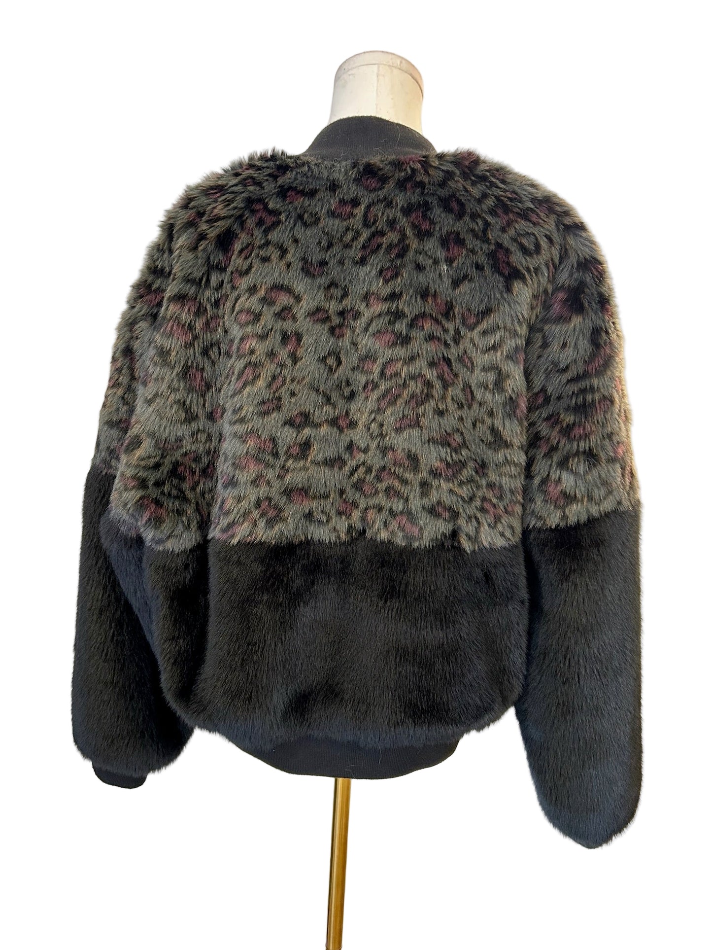 Golden Animal Print Faux Fur Bomber Jacket Size L
