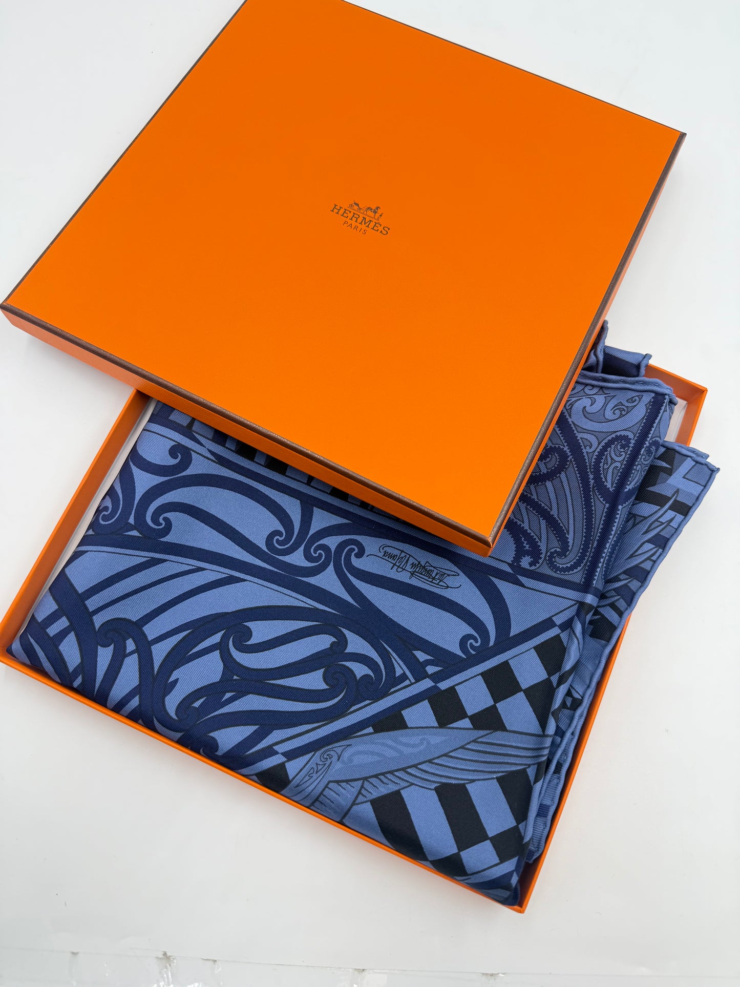 Hermes’ 90cm Kawa Ora Dark Blue Print Silk Scarf