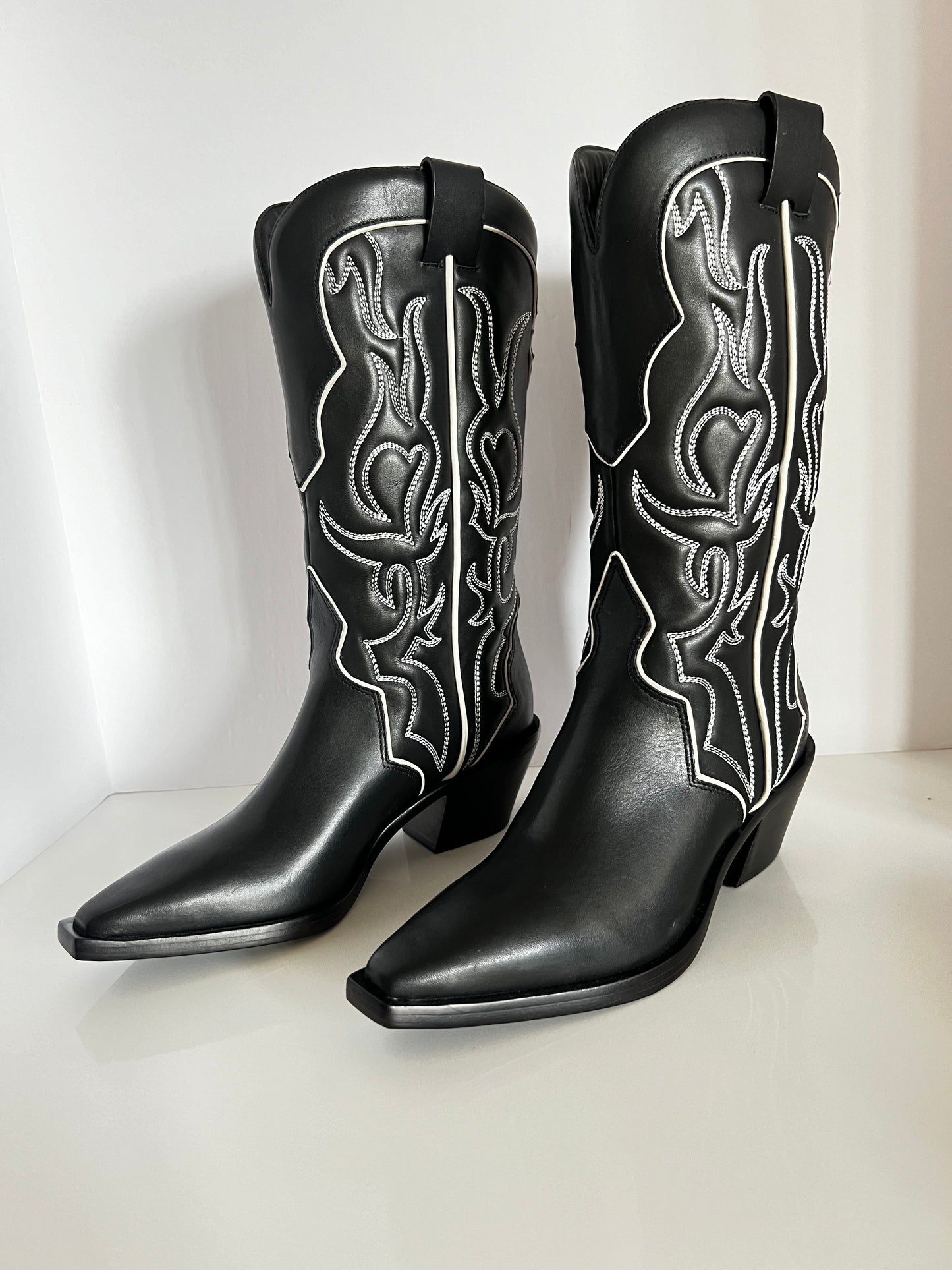 Brand New Reformation Olive Black Mid Calf Leather Cowboy Boots Size 8.5