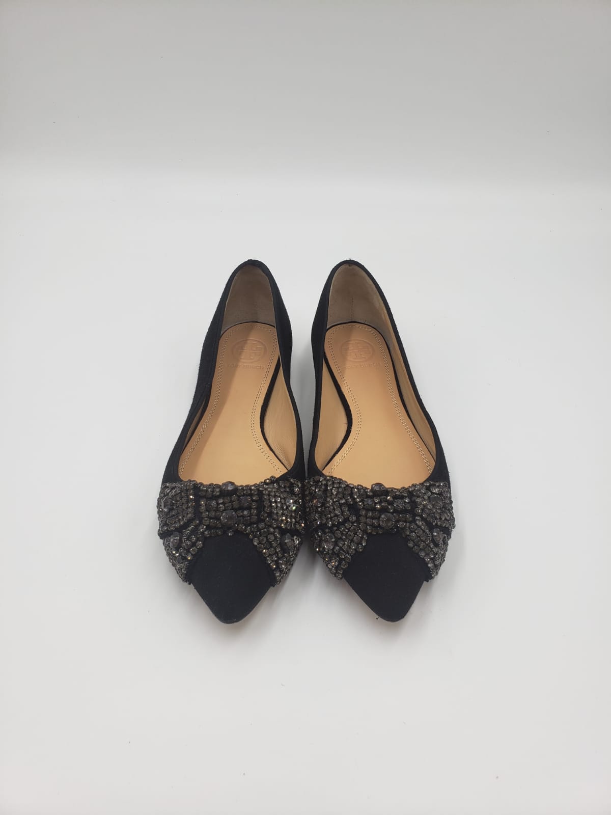 Tory Burch Vanessa Black Suede Beaded Bow Flats Size 6