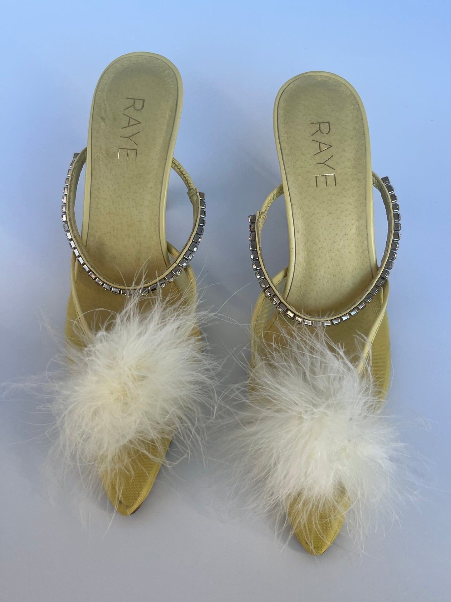 New Raye The Label Yellow Pom Pom Feather Mesh Mule Size 6.5