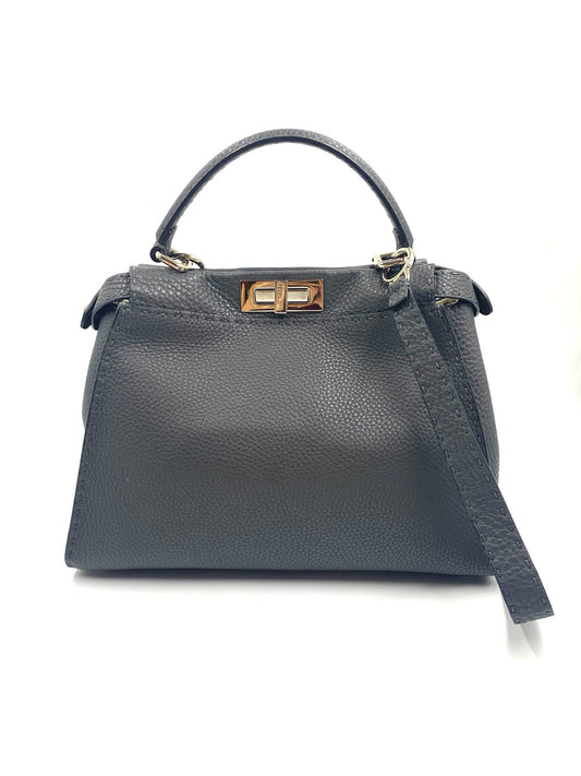 Fendi Grey Selleria Leather Peekaboo Shoulder Bag with top handle, detachable strap, and gold-tone turnstile lock.