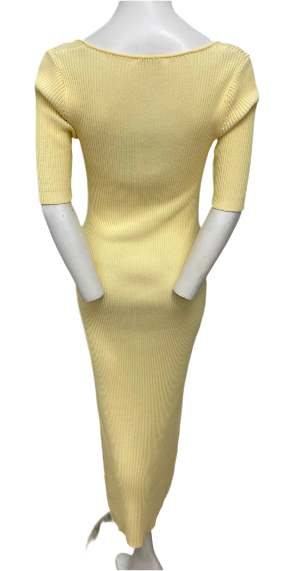 Ganni yellow ribbed maxi dress, size M, with short sleeves and a boat neck, shown on a mannequin.