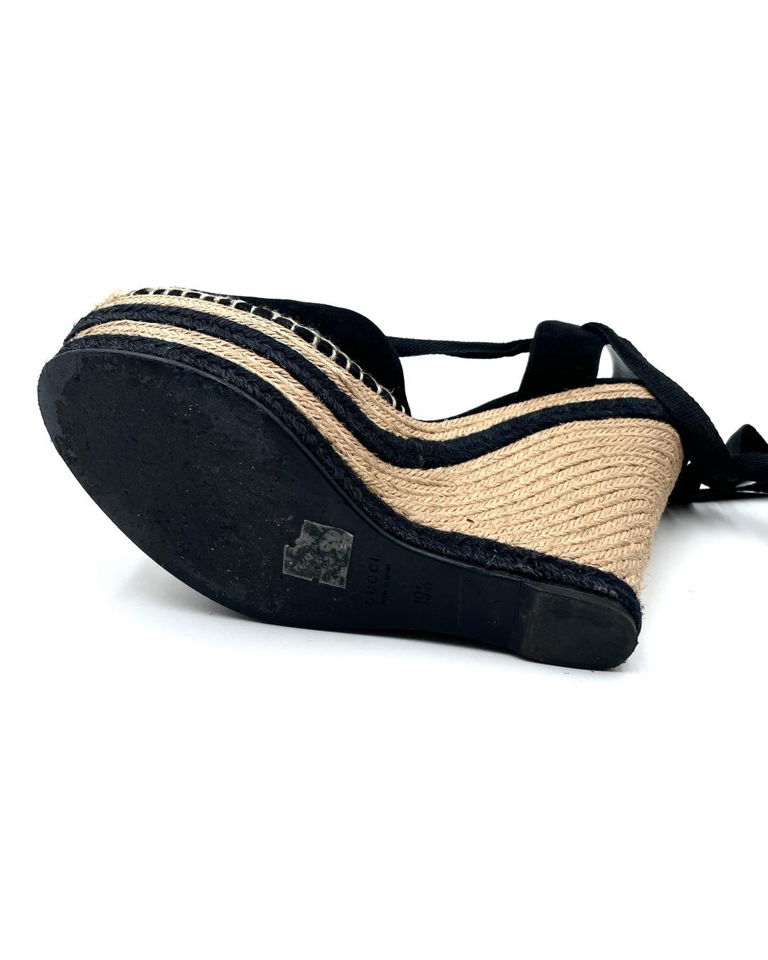 Gucci black suede Alexis platform wedge sandals with jute rope detailing, size 39.5, shown from the side.