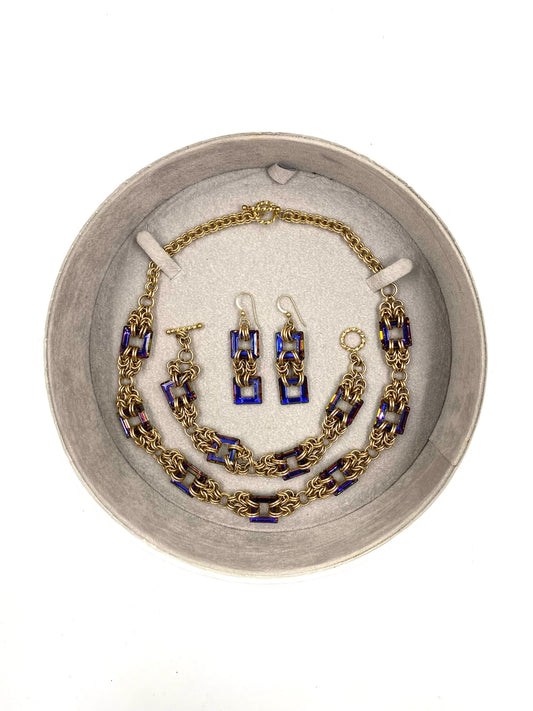 Heliotrope Byzantine gold filled necklace, bracelet, and earring set with square purple stones.