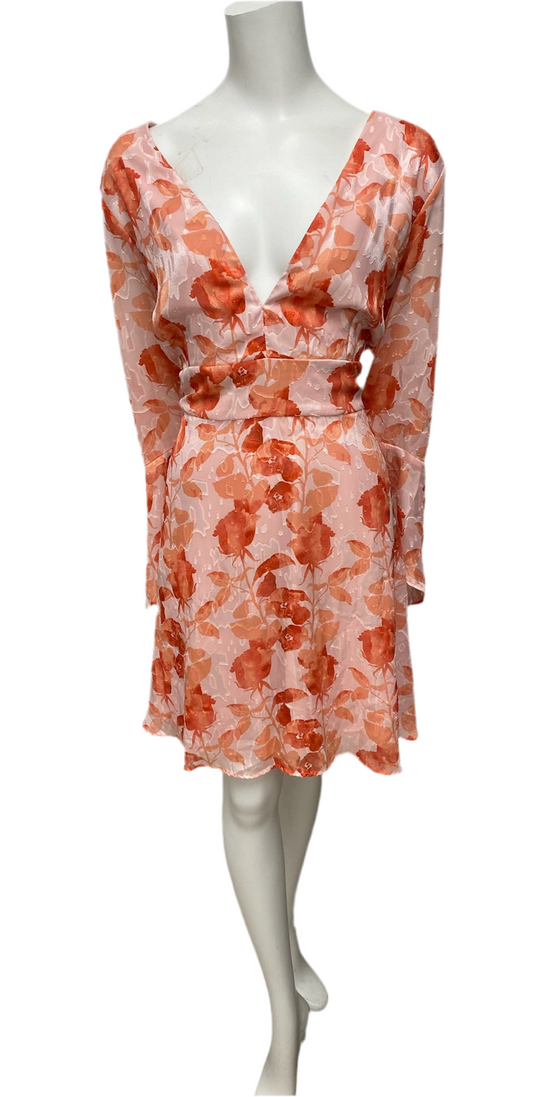 Hutch Orange Floral Bell Sleeve Dress Size 16W, pink polyester with deep V-neck and long bell sleeves.