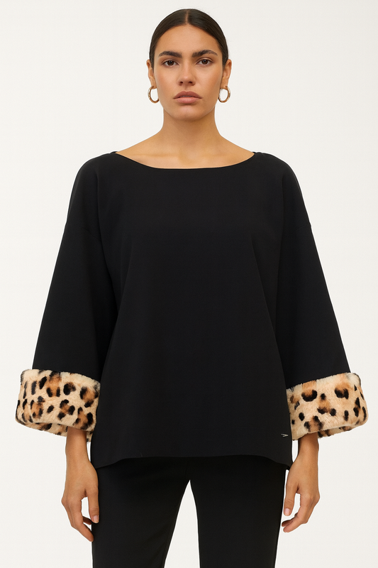 Blue Marine Black & Animal Print Faux Fur Sleeve Blouse Size 44