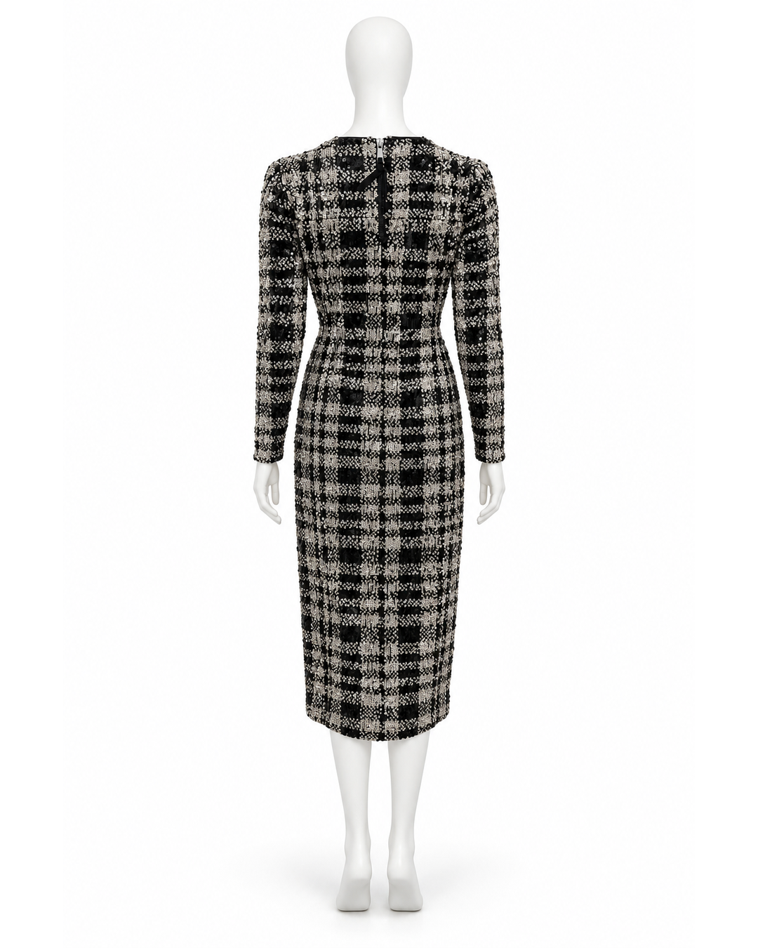 Back view of Le Superbe black and white sequin long sleeve midi dress on a mannequin.
