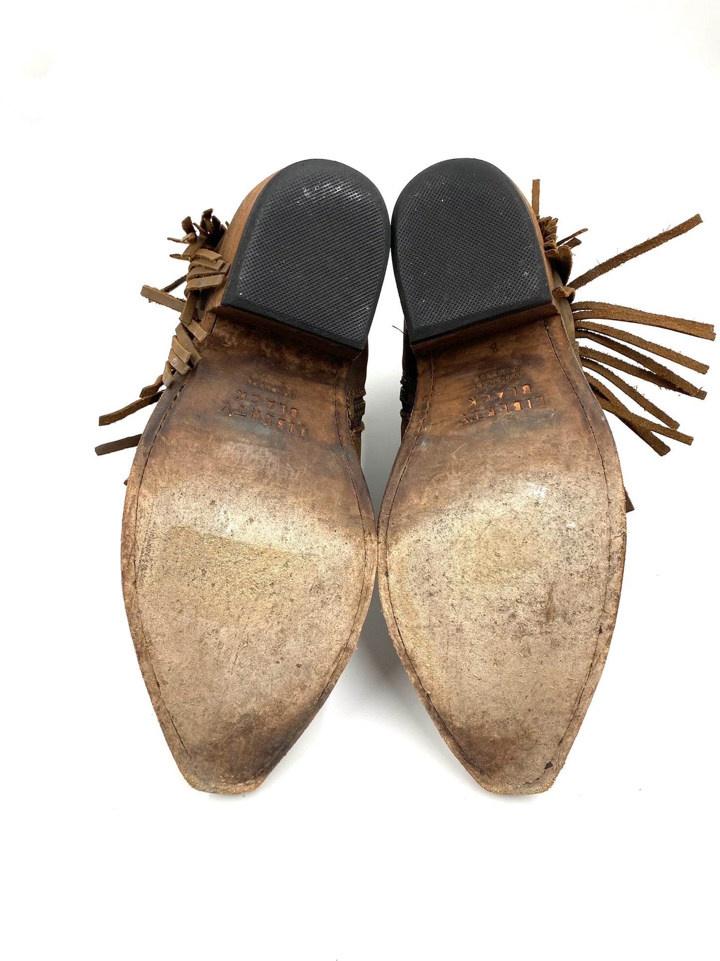 Liberty Black brown leather fringe ankle boots, size 8, showing worn soles and side tassels.