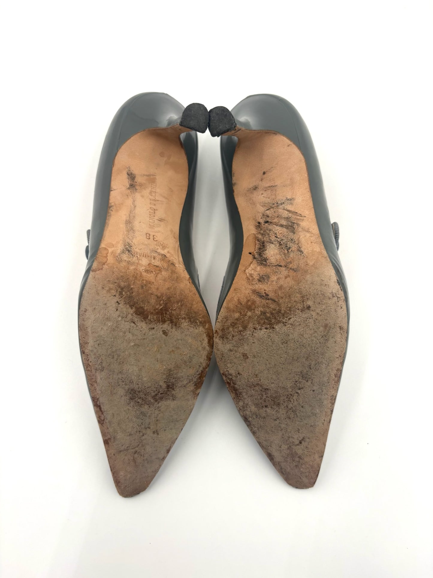 Manolo Blahnik Grey MaryJane Patent Pumps Size 38