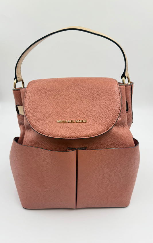 Michael Kors Peach Bedford Large Leather Convertible Backpack with gold-tone hardware and top handle.
