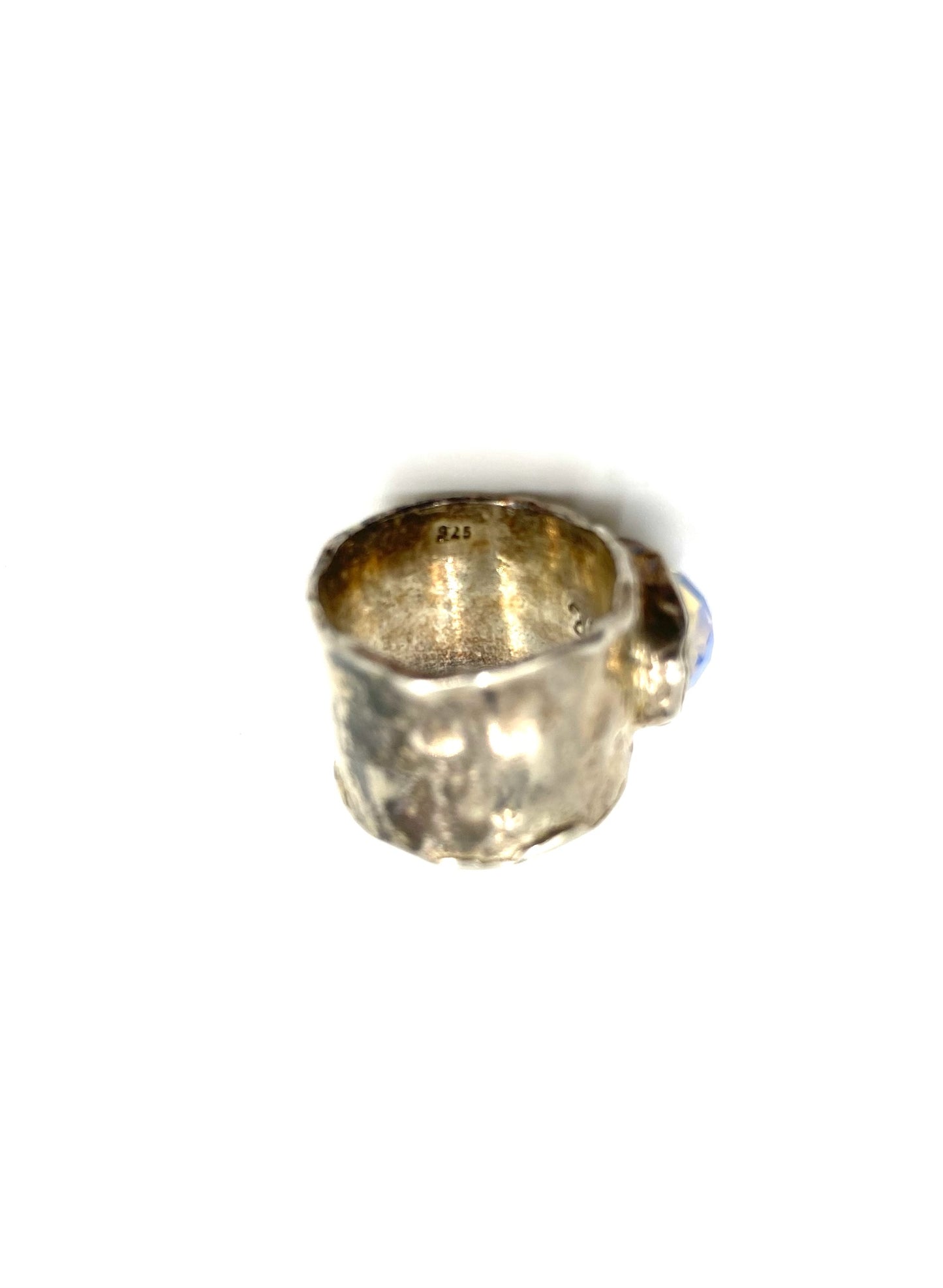 Chunky sterling silver ring with a moonstone gem, size 6.75, showing 925 stamp.