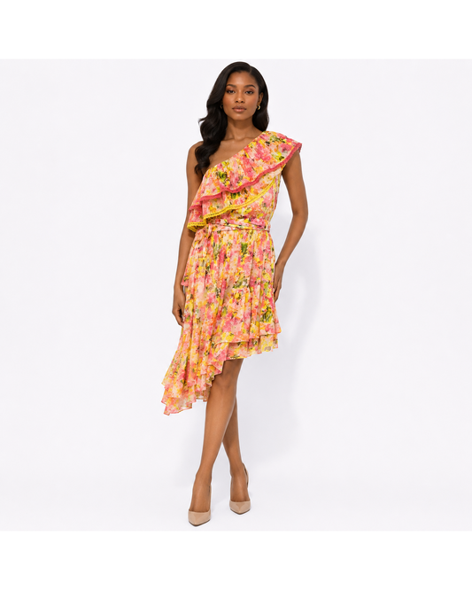 Rococo Sun Orange Multicolor One Shoulder Tiered Dress Size 5