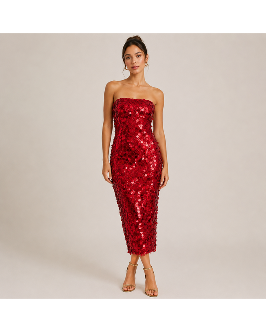 Runway The Label Gaborone Red Sequin Disk Strapless Dress Size M