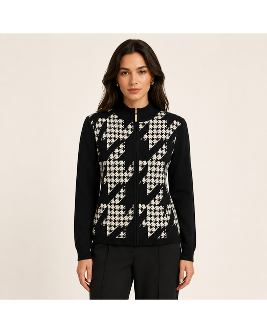 St.John Houndstooth Zip-Up Cardigan Sweater Size S