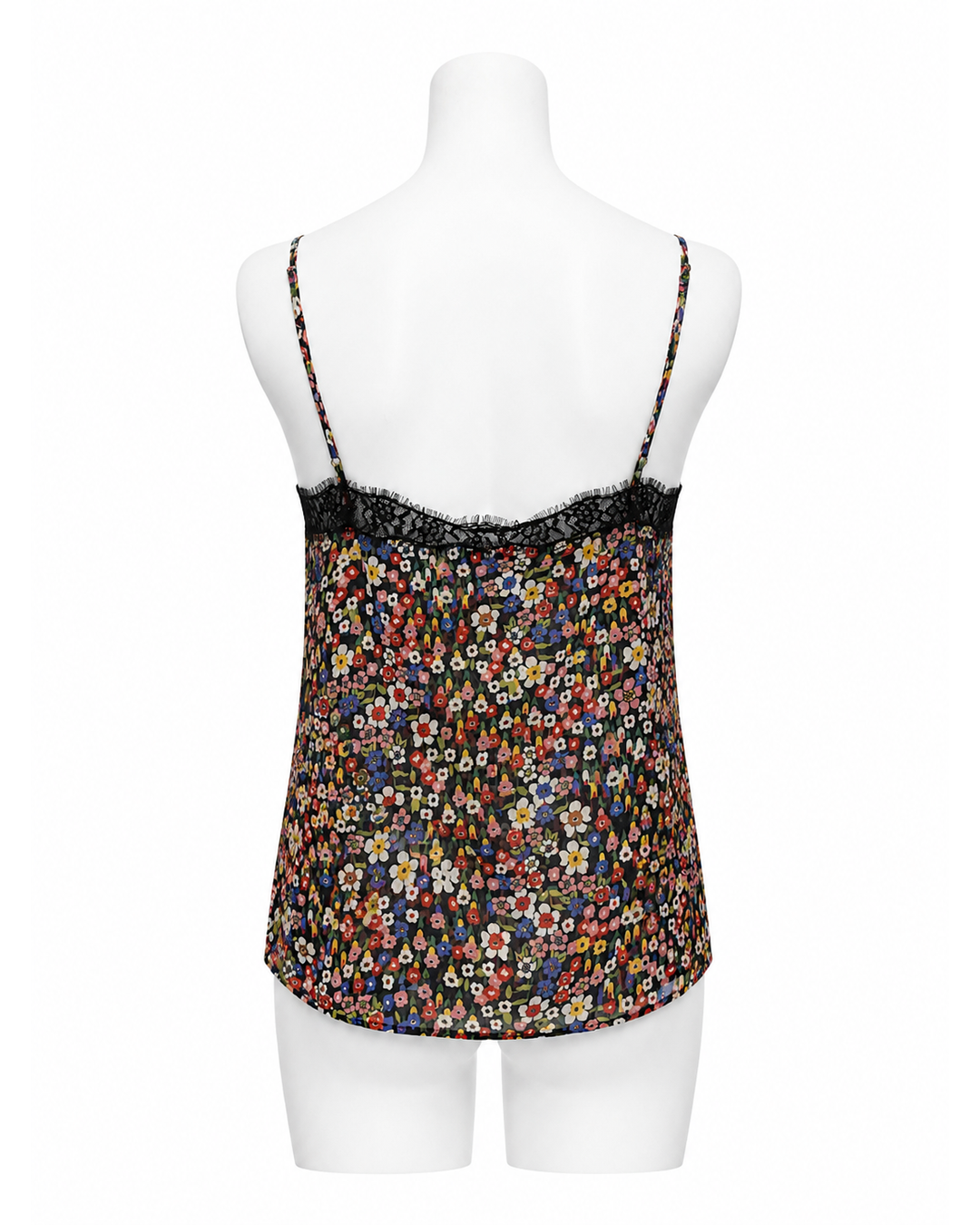 The Kooples sheer floral camisole in size XS with black lace trim on a mannequin.