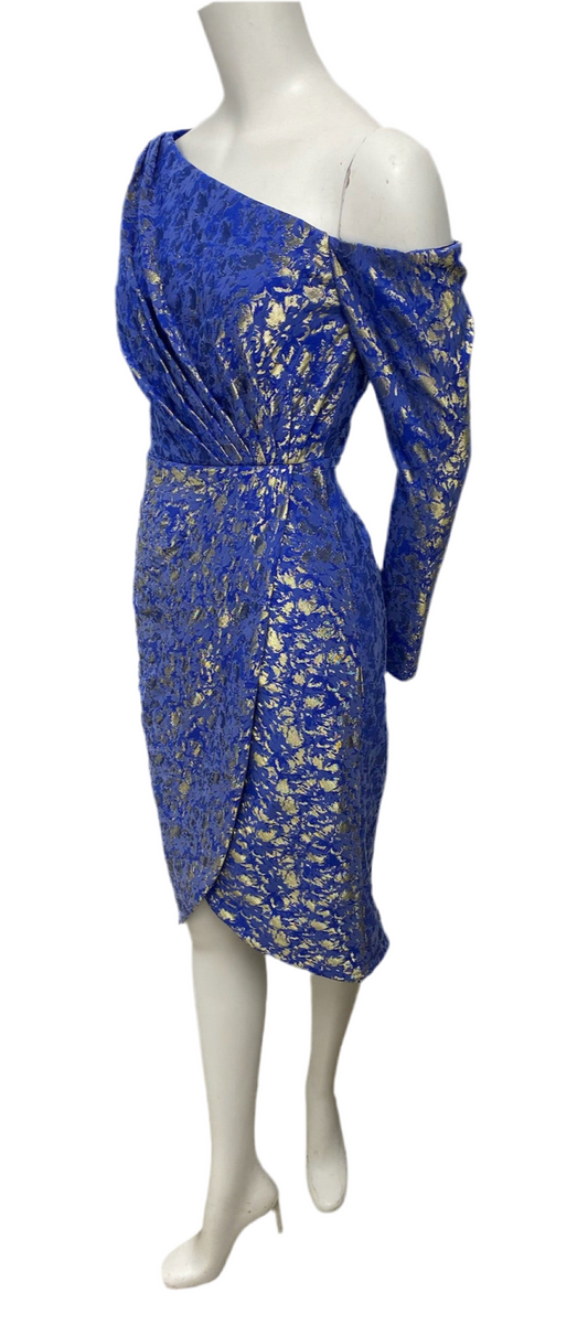 Theia Blue Long Sleeve Metallic Dress, size 4, with gold design, diagonal pleating, and left leg slit.