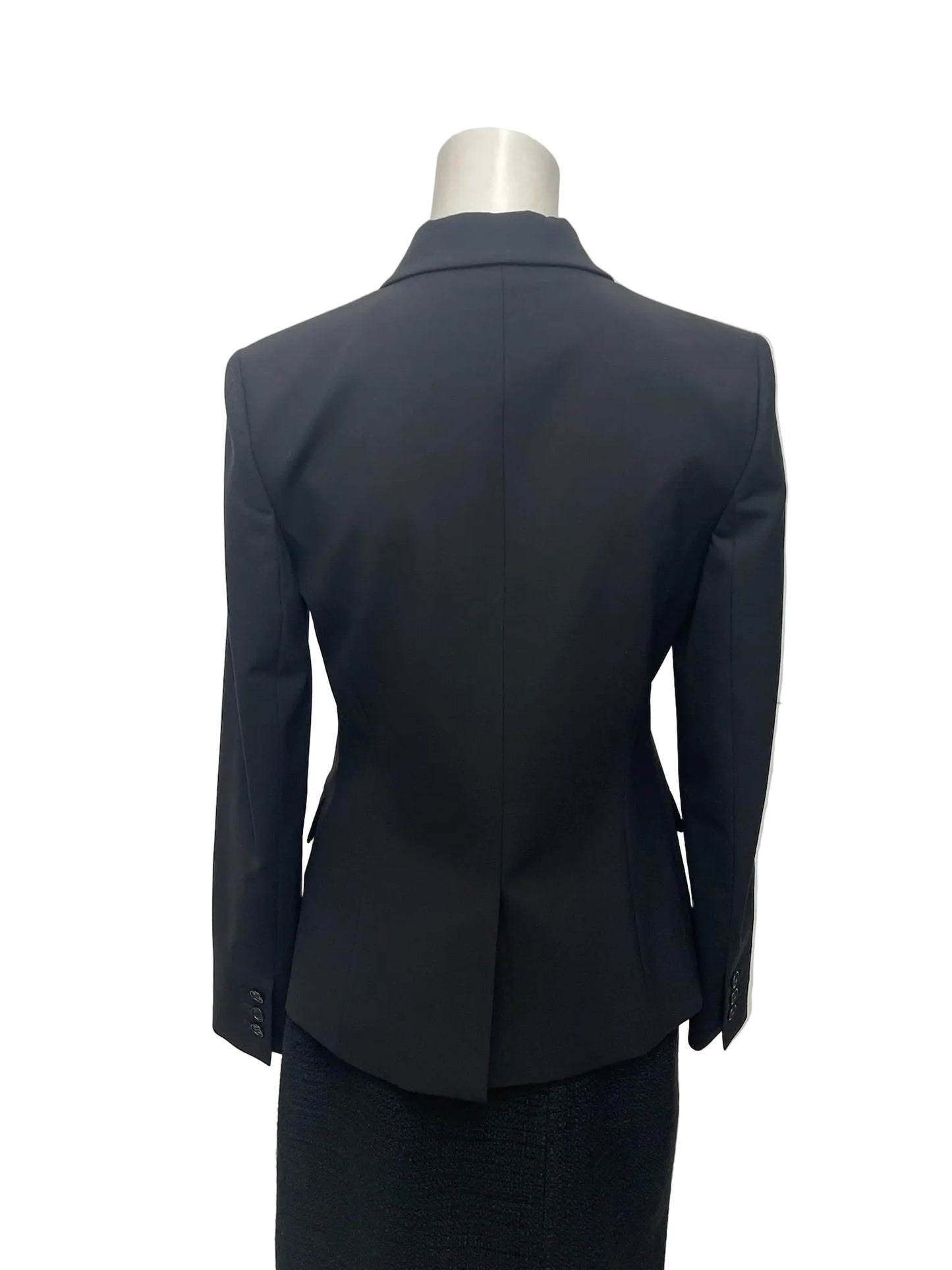 Theory black wool blend single-button blazer, size 8, shown from the back on a mannequin.