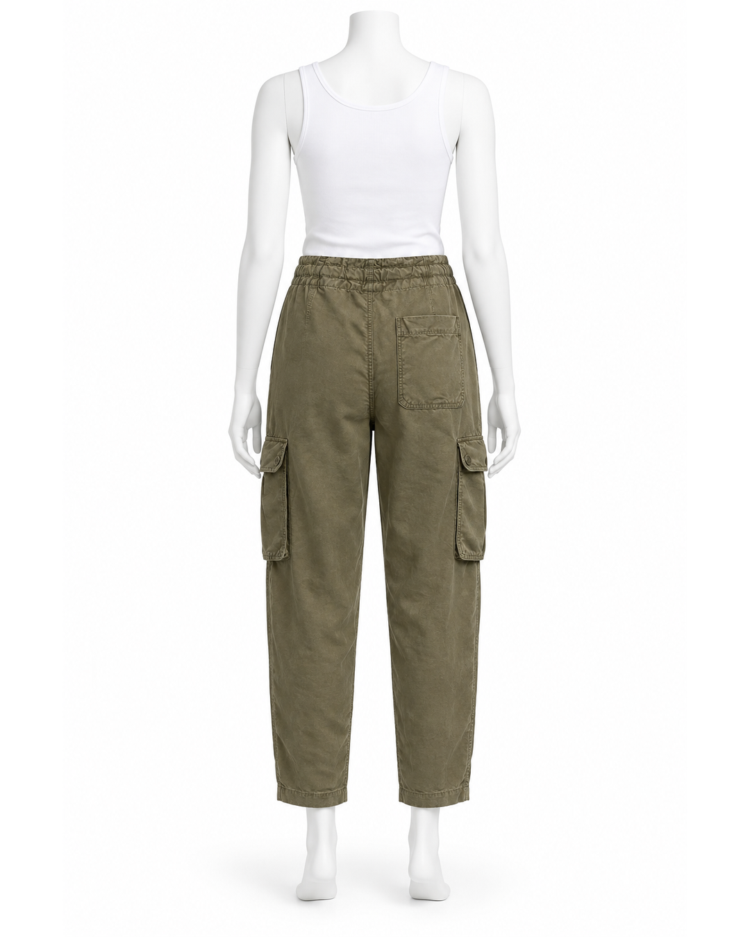 Back view of Vince army green cargo pants, size 10, featuring side pockets and a relaxed fit on a mannequin.