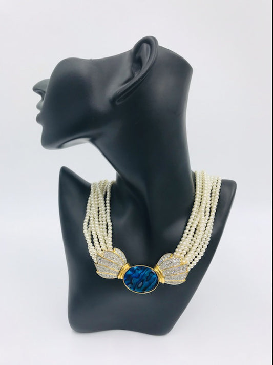 Vintage 1960s Butler Multi-Strand Diamante Pearl & Teal Necklace & Earring Set