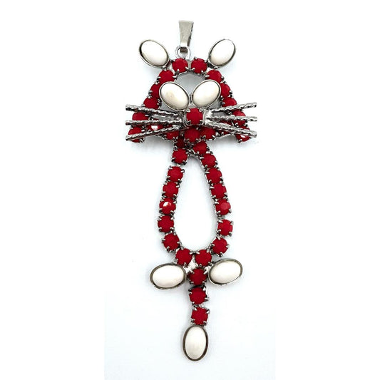 Vintage Celebrity NY red and white cat pendant, 2.5" long, with bright red stones and white accent cabochons.