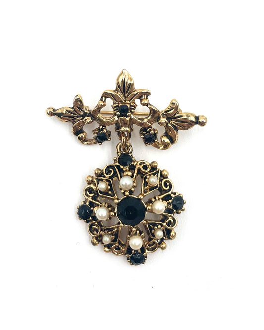 Vintage Gold Tone Fleur-de-Lis Drop Brooch with Black Stones & Faux Pearls