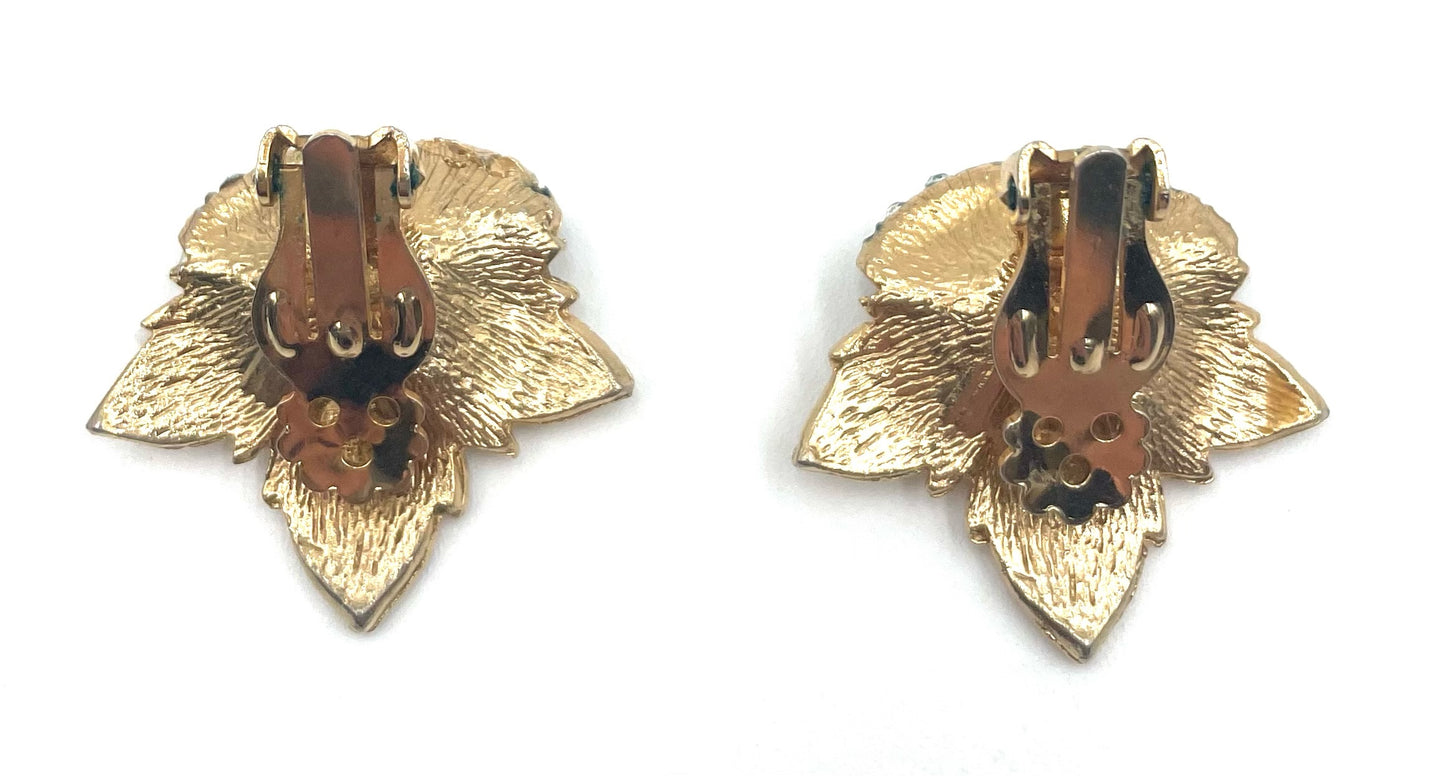 Vintage Gold Tone Floral Clip-On Earrings with Faux Pearl & Rhinestone Detail