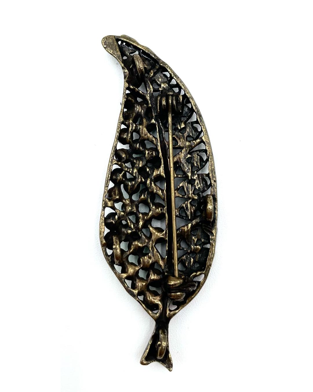 Vintage Green Rhinestone Leaf Brooch