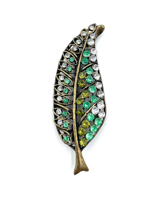 Vintage Green Rhinestone Leaf Brooch