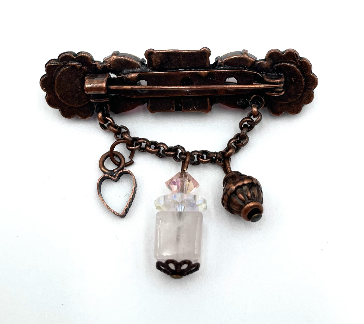 Vintage Pink Rhinestone & Faux Moonstone Dangle Brooch with Copper Tone Charms