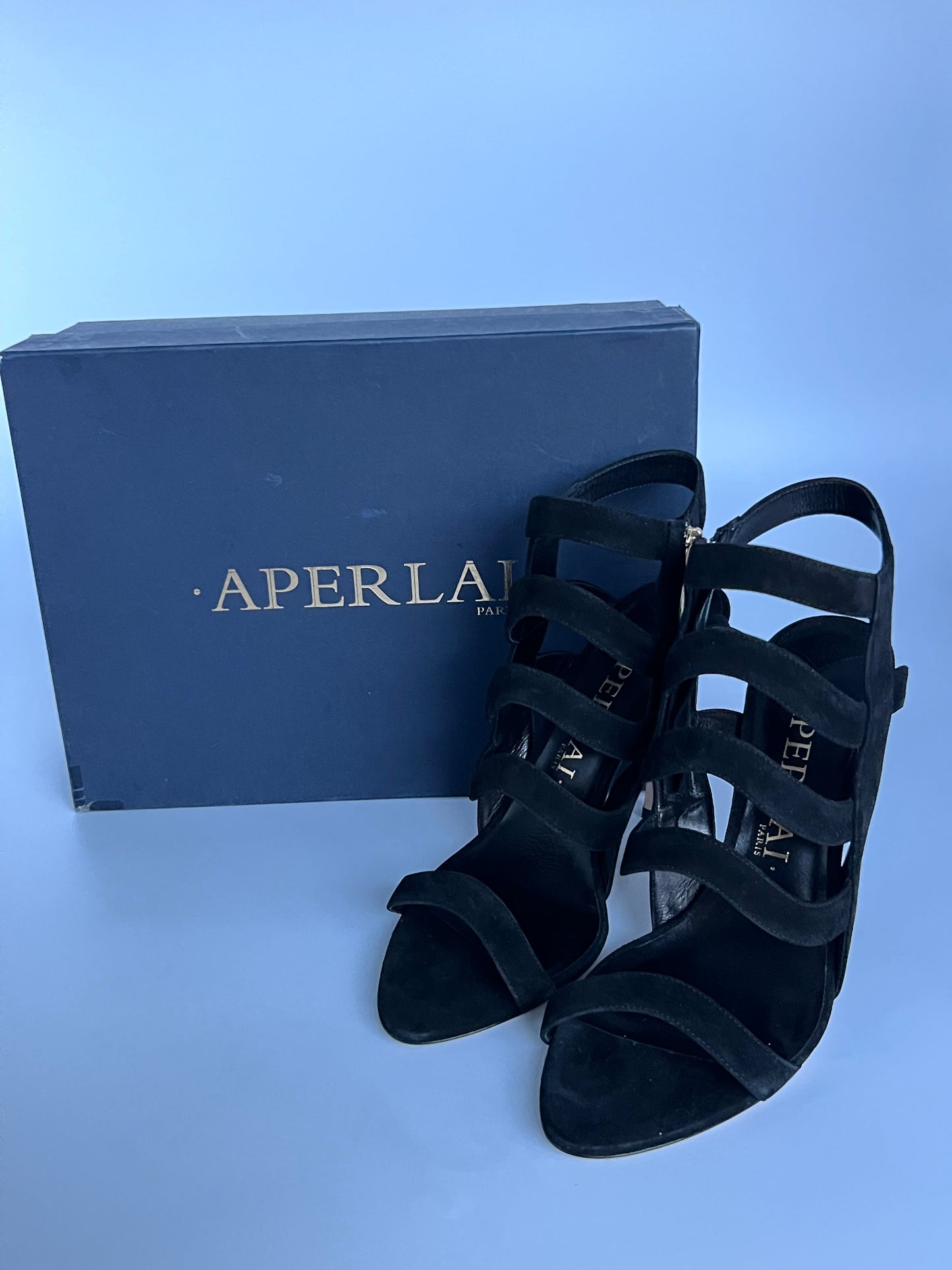 Brand New Aperlai Black Suede Strappy Heels Size 40