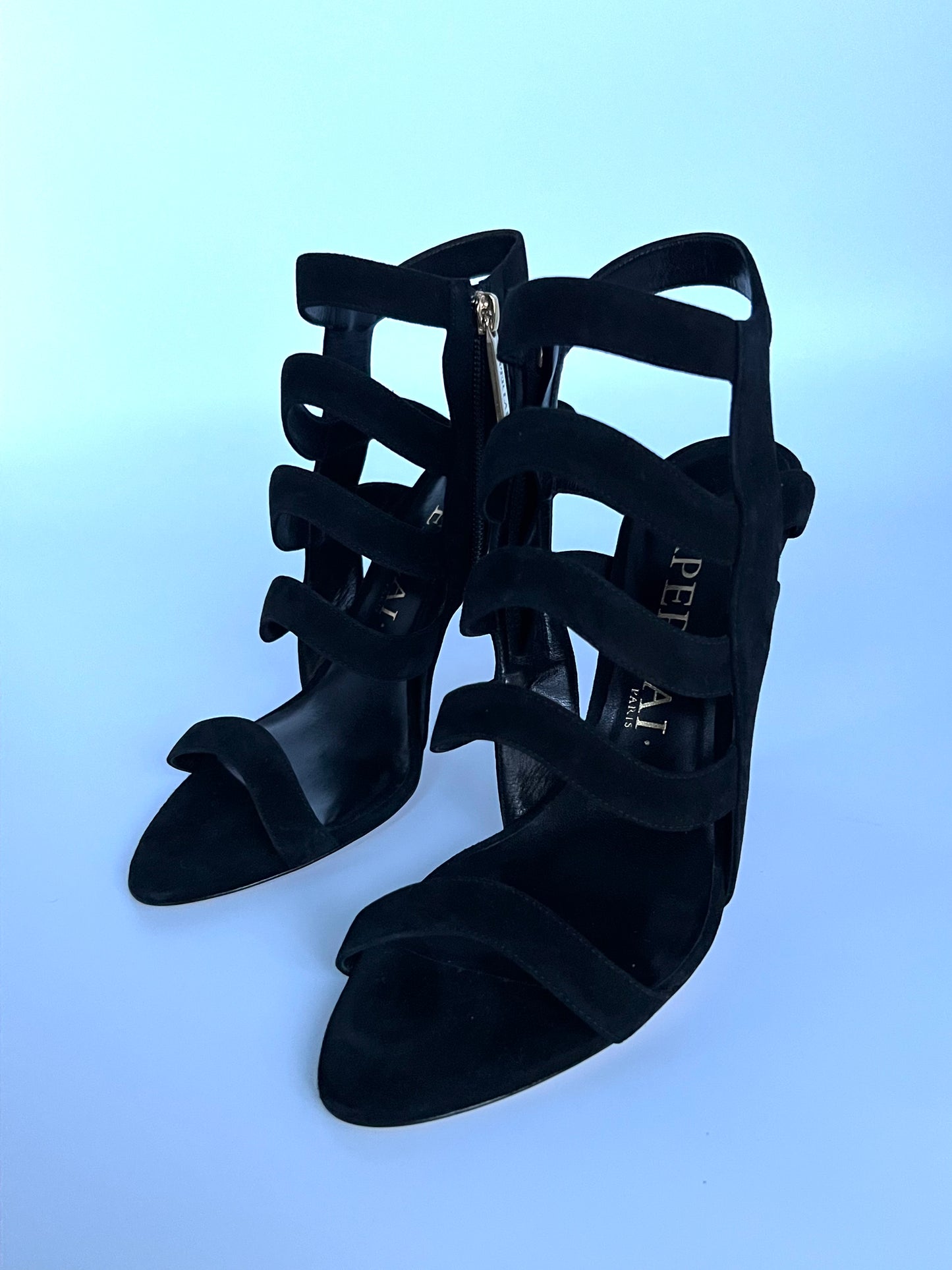 Brand New Aperlai Black Suede Strappy Heels Size 40
