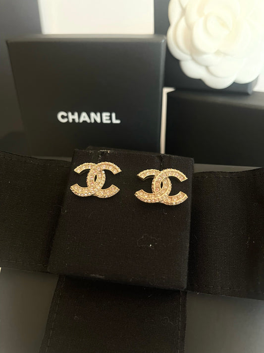 Chanel CC Gold Tone Rhinestone Stud Earring